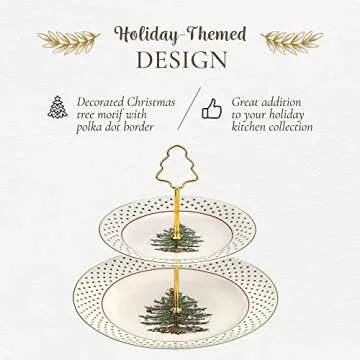 Spode Christmas Tree 2-Tiered Server (8" & 10") - Polka Dot Tiered Tray for Serving Food, Cake, Desserts, Holiday Treats, Festive Tableware with Gold Handle, Durable Stoneware - Dishwasher Safe