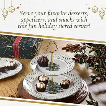 Spode Christmas Tree 2-Tiered Server (8" & 10") - Polka Dot Tiered Tray for Serving Food, Cake, Desserts, Holiday Treats, Festive Tableware with Gold Handle, Durable Stoneware - Dishwasher Safe