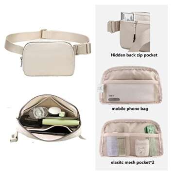 Belt Bag Waist Pack Bum Bag Crossbody Fanny Pack for Women and Men with Adjustable Strap Small Waist Pouch for Travel Workout Running Hiking(Off White)