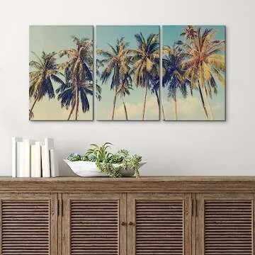 wall26 Canvas Print Wall Art Set Row of California Palm Trees & Blue Sky Nature Wilderness Photography Realism Chic Scenic Relax/Calm Multicolor for Living Room, Bedroom, Office - 24"x36"x3 Panels