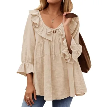ZESICA Womens Scoop Neck 3/4 Length Sleeve Tops Casual Tie Front Ruffle Tiered Loose Tunic Shirts Bl...