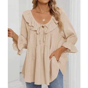 ZESICA Womens Scoop Neck 3/4 Length Sleeve Tops Casual Tie Front Ruffle Tiered Loose Tunic Shirts Blouses Spring Outfits,Apricot,Large