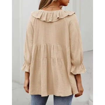 ZESICA Womens Scoop Neck 3/4 Length Sleeve Tops Casual Tie Front Ruffle Tiered Loose Tunic Shirts Blouses Spring Outfits,Apricot,Large