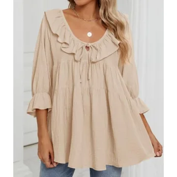 ZESICA Womens Scoop Neck 3/4 Length Sleeve Tops Casual Tie Front Ruffle Tiered Loose Tunic Shirts Blouses Spring Outfits,Apricot,Large
