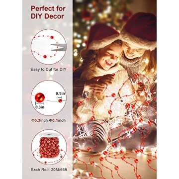AISCOOL Christmas Tree Beads Garland Decorations - 66Ft Strands Chain Pearls Beads String for DIY Christmas Tree Wreath, Xmas Decor Beaded Garlands for Stairs Fireplace Wedding Holiday Party Gift