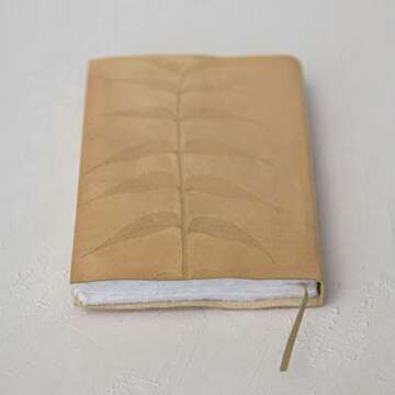 Creative Co-Op Leather Bound Paper Embossed Leaf Design and Bookmark, Tan Journal