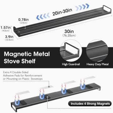 Bumusty 4X Strong Magnetic Shelf for Stove Top, 30" Adjustable Stove Top Shelf, Oven Shelf Spice Rack Over the Stove, Seasoning Organizer Kitchen Shelves, Matte Black