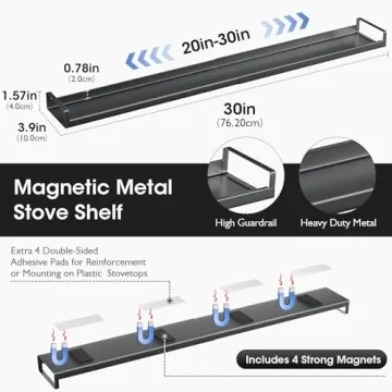 Bumusty 4X Strong Magnetic Shelf for Stove Top, 30" Adjustable Stove Top Shelf, Oven Shelf Spice Rack Over the Stove, Seasoning Organizer Kitchen Shelves, Matte Black