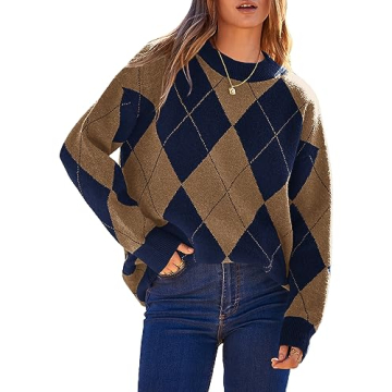 BTFBM Women’s Fall Winter Oversized Pullover Sweaters Vintage Plaid Argyle Sweater Casual Knitted ...