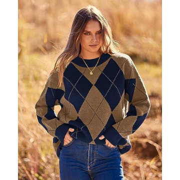 BTFBM Women’s Oversized Argyle Sweater for Fall Winter