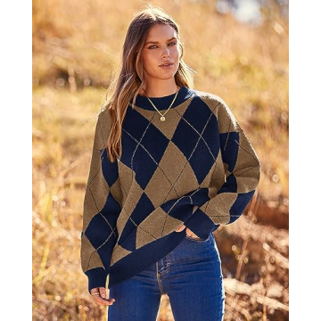 BTFBM Women’s Oversized Argyle Sweater for Fall Winter