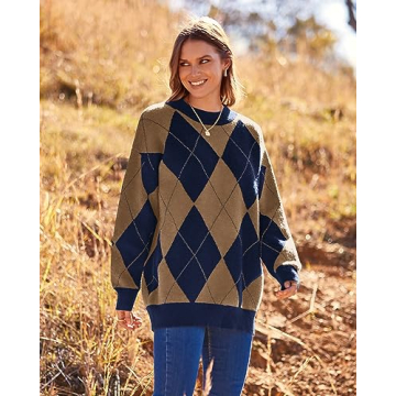 BTFBM Women’s Oversized Argyle Sweater for Fall Winter
