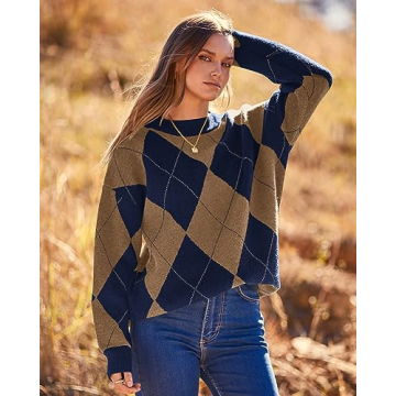 BTFBM Women’s Oversized Argyle Sweater for Fall Winter