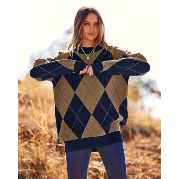 BTFBM Women’s Oversized Argyle Sweater for Fall Winter