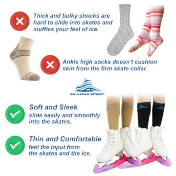 SkatingSpirit Figure Skating Socks - 2 Pairs, Knee High, Non-Slip Cuff