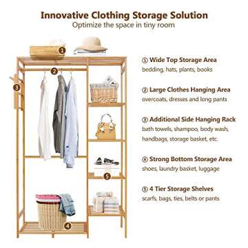 Ufine Bamboo Garment Rack 6 Tier Storage Shelves Clothes Hanging Rack with Side Hooks, Heavy Duty Cl...