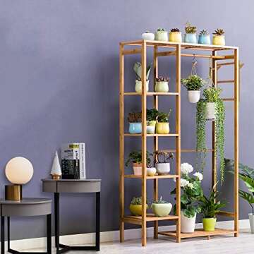 Ufine Bamboo Garment Rack 6 Tier Storage Shelves Clothes Hanging Rack with Side Hooks, Heavy Duty Clothing Rack Portable Wardrobe Closet Organizer