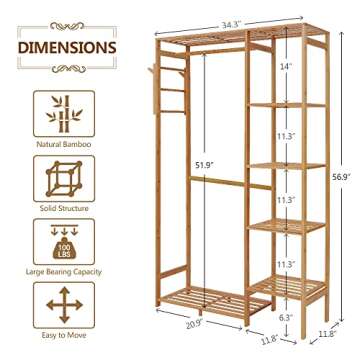Ufine Bamboo Garment Rack 6 Tier Storage Shelves Clothes Hanging Rack with Side Hooks, Heavy Duty Clothing Rack Portable Wardrobe Closet Organizer