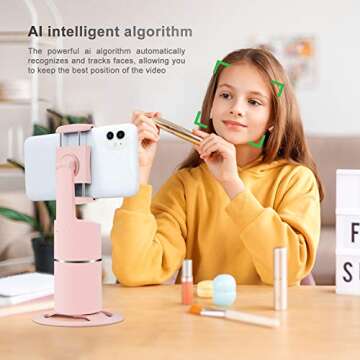 Auto Face Tracking Tripod, 360° Rotation Phone Camera Mount with Selfie Ring Light, No App, Battery Operated Smart Shooting Holder for Live Vlog (Pink)