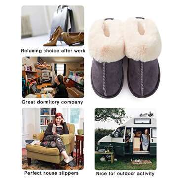 Donpapa Womens Slipper with Memory Foam Fluffy Soft Warm Slip On House Slippers Anti-Skid Cozy Plush for Indoor Outdoor Dark Grey Medium