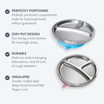 Avanchy Baby Plates with Suction – Stainless Steel Divided Plates for Toddlers, BPA-Free, Dishwasher Safe, Unbreakable, Non-Toxic, 100% Silicone Suction – Green