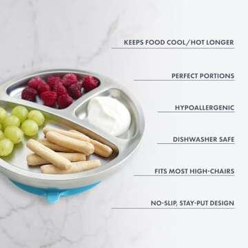 Avanchy Baby Plates with Suction – Stainless Steel Divided Plates for Toddlers, BPA-Free, Dishwasher Safe, Unbreakable, Non-Toxic, 100% Silicone Suction – Green