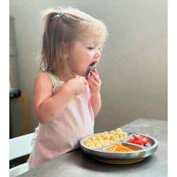 Avanchy Baby Plates with Suction – Stainless Steel Divided Plates for Toddlers, BPA-Free, Dishwasher Safe, Unbreakable, Non-Toxic, 100% Silicone Suction – Green