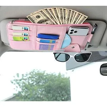 SEMBEM Car Sun Visor Organizer, Registration and Document Holder, Personal Belonging Storage Pouch Auto Interior Accessories Pocket Organizer (Pink)