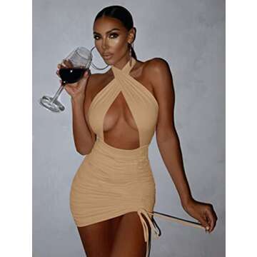 Women's Sexy Criss Cross Halter Tie Up Backless Drawstring Ruched Bodycon Mini Club Party Dress