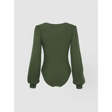 CIDER Long Sleeve Body Suits Womens V Neck Bodysuits Ruched Pleated Corset Bodysuit Leotard Trendy: Green, S