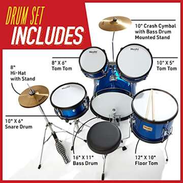 Mendini Kids Drum Set - 5 Piece Blue Youth Drum Kit