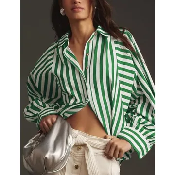 Lviefent Womens Striped Button Down Shirt Cotton Boyfriend V Neck Long Sleeve Batwing Blouse (Green-M)