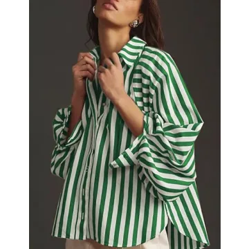 Lviefent Womens Striped Button Down Shirt Cotton Boyfriend V Neck Long Sleeve Batwing Blouse (Green-M)