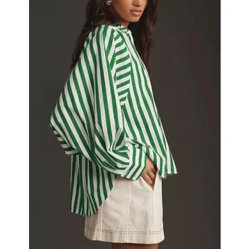 Lviefent Womens Striped Button Down Shirt Cotton Boyfriend V Neck Long Sleeve Batwing Blouse (Green-M)