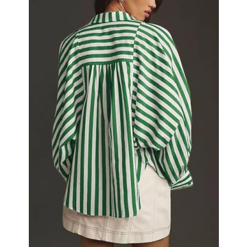 Lviefent Womens Striped Button Down Shirt Cotton Boyfriend V Neck Long Sleeve Batwing Blouse (Green-M)