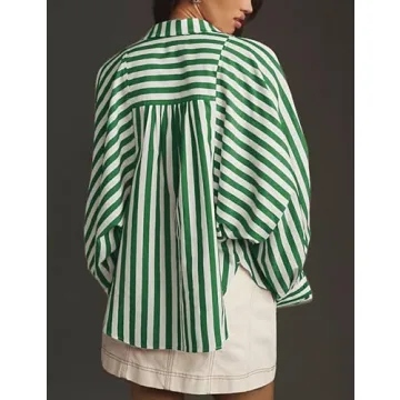 Lviefent Womens Striped Button Down Shirt Cotton Boyfriend V Neck Long Sleeve Batwing Blouse (Green-M)