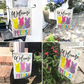 Welcome Bunny Easter Garden Flag 12x18 Inch Double-Sided, Easter Decorations for Outside, Small Burlap Happy March Garden Flag for Porch & Yard & House, Outdoor Spring Bunny Decor