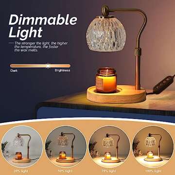 HASUN Candle Warmer Lamp, Vintage Glass Electric Dimmable Candle Warmer Lamp with Timer and Adjustable Height/Heat, 2-8h Timer, Candle Warmer Lamp for Bedroom, Scented Candles Warmer Gold