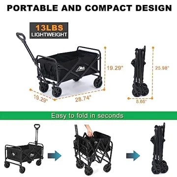 KOMSURF Foldable Utility Wagons Heavy Duty Folding Grocery Cart on Wheels, 200 lbs Capacity with Side Pockets for Garden, Shopping, Sporting and Beach Outdoor Use