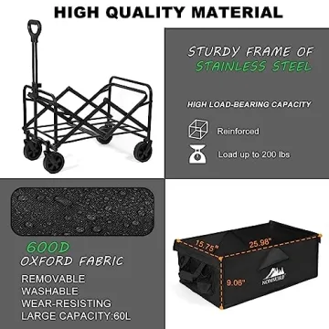 KOMSURF Foldable Utility Wagons Heavy Duty Folding Grocery Cart on Wheels, 200 lbs Capacity with Side Pockets for Garden, Shopping, Sporting and Beach Outdoor Use