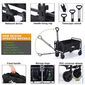 KOMSURF Foldable Utility Wagons Heavy Duty Folding Grocery Cart on Wheels, 200 lbs Capacity with Side Pockets for Garden, Shopping, Sporting and Beach Outdoor Use