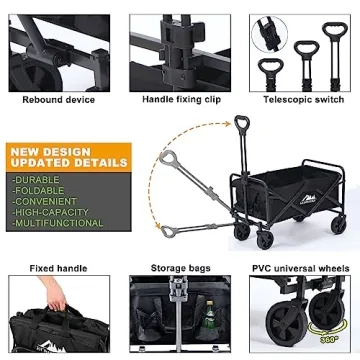 KOMSURF Foldable Utility Wagons Heavy Duty Folding Grocery Cart on Wheels, 200 lbs Capacity with Side Pockets for Garden, Shopping, Sporting and Beach Outdoor Use