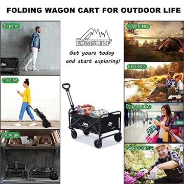 KOMSURF Foldable Utility Wagons Heavy Duty Folding Grocery Cart on Wheels, 200 lbs Capacity with Side Pockets for Garden, Shopping, Sporting and Beach Outdoor Use