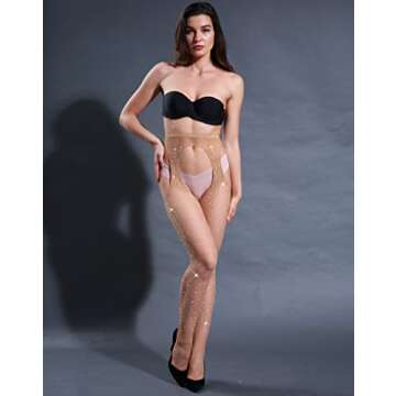 CHRLEISURE Women's Sparkle Rhinestone Fishnets, Sexy Sparkly Glitter Party Concert Outfit Fishnet Stockings (Suspender 1Skin 1Black)