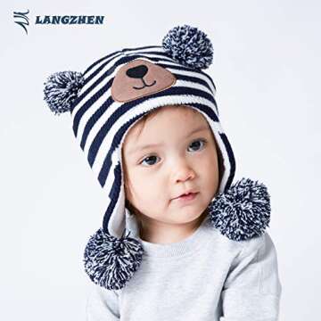 LANGZHEN Toddler Kids Infant Winter Hat,Earflap Knit Warm Cap Fleece Lined Beanie for Baby Boys girls (Bear -Navy Stripe, M(48-50CM/18.9''-19.69''))