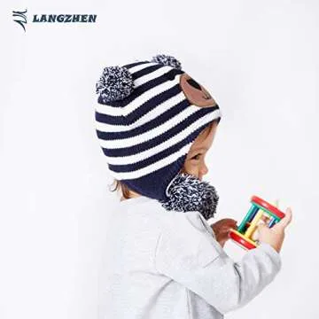 LANGZHEN Toddler Kids Infant Winter Hat,Earflap Knit Warm Cap Fleece Lined Beanie for Baby Boys girls (Bear -Navy Stripe, M(48-50CM/18.9''-19.69''))