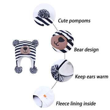 LANGZHEN Toddler Kids Infant Winter Hat,Earflap Knit Warm Cap Fleece Lined Beanie for Baby Boys girls (Bear -Navy Stripe, M(48-50CM/18.9''-19.69''))
