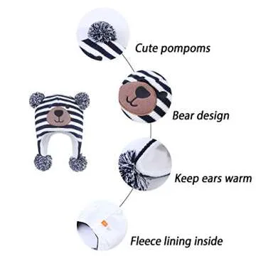 LANGZHEN Toddler Kids Infant Winter Hat,Earflap Knit Warm Cap Fleece Lined Beanie for Baby Boys girls (Bear -Navy Stripe, M(48-50CM/18.9''-19.69''))