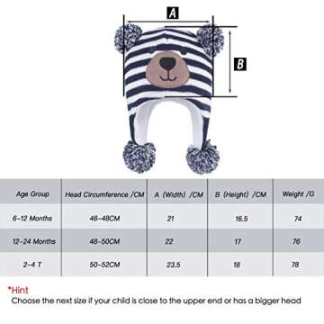 LANGZHEN Toddler Kids Infant Winter Hat,Earflap Knit Warm Cap Fleece Lined Beanie for Baby Boys girls (Bear -Navy Stripe, M(48-50CM/18.9''-19.69''))