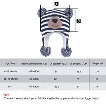 LANGZHEN Toddler Kids Infant Winter Hat,Earflap Knit Warm Cap Fleece Lined Beanie for Baby Boys girls (Bear -Navy Stripe, M(48-50CM/18.9''-19.69''))